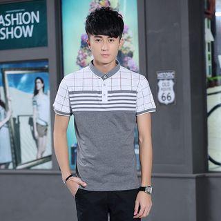 Check Stripe Panel Short-sleeve Collared Top