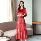 3/4-sleeve Floral Embroidered Midi A-line Dress