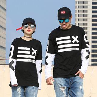 Couple Matching Long-sleeve Two-tone Printed T-shirt