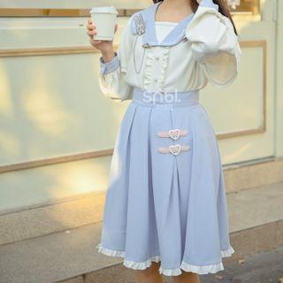 Contrast Collar Blouse / Suspender Midi A-line Skirt