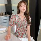 Short-sleeve Floral Print Blouse Red & Green - One Size