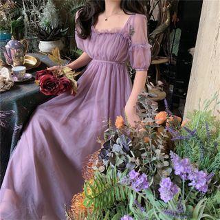 Square-neck Elbow-sleeve Maxi A-line Mesh Dress