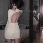 Long-sleeve Open-back Cable Knit Mini Dress White - One Size