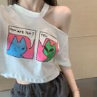 Cold-shoulder Cat Print T-shirt
