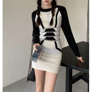 Long-sleeve Color Block Knit Mini Sheath Dress Black & White - One Size