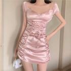 Cold-shoulder Shirred Satin Mini Bodycon Dress