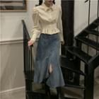 Ruched Puff-sleeve Cropped Shirt / High-waist Asymmetrical Slit Maxi Skirt