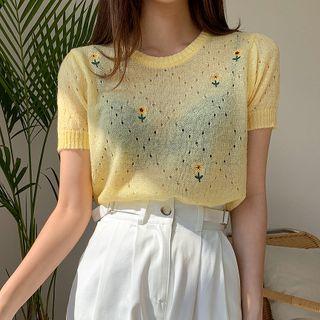 Floral Embroidered Pointelle Knit Top