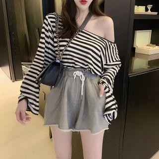 Slit-sleeve Stripe Top / High-waist Drawstring Shorts