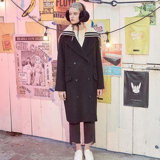 Detachable Knit-collar Double-breasted Wool Blend Coat
