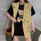 Elbow-sleeve Bear Print T-shirt / Button-up Vest