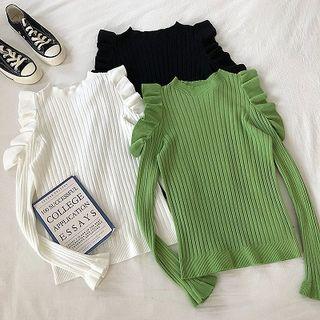Plain Off-shoulder Ruffled-trim Long-sleeve Knit Top