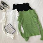 Plain Off-shoulder Ruffled-trim Long-sleeve Knit Top
