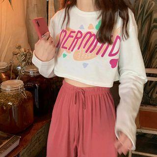 Lettering Long-sleeve Crop T-shirt As Shown In Figure - One Size