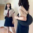 Short-sleeve Striped Shirt / Neck Tie / A-line Denim Skirt / Set