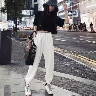 Set: Elbow-sleeve Cropped T-shirt + Letter Trim Harem Pants