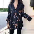 Print V-neck Long-sleeve Loose-fit Shirt