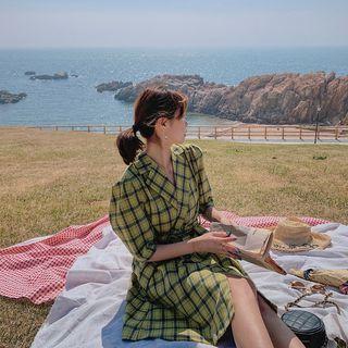 Elbow-sleeve Notch Lapel Plaid Mini A-line Dress