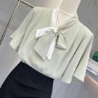 Short-sleeve Tie-neck Blouse / Midi Pencil Skirt