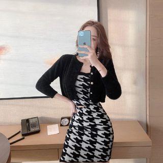 Set: Plain Cropped Cardigan + Houndstooth Knit Camisole + Knit Skirt