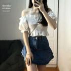 Cold-shoulder Cropped Blouse / Denim Mini A-line Skirt