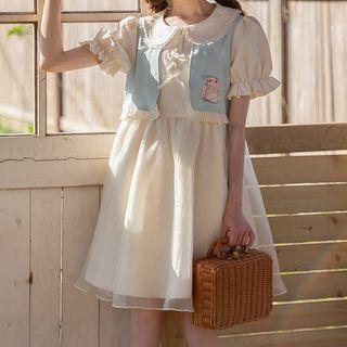 Short-sleeve Frill Trim Mesh Smock Dress