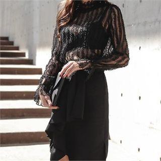 Mock-neck Frilled Sheer Mesh Top