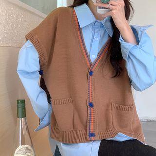V-neck Button-up Sweater Vest Coffee - One Size