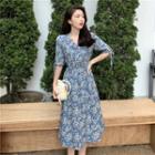 Puff-sleeve Floral Print Midi A-line Dress Floral Print - Blue - One Size