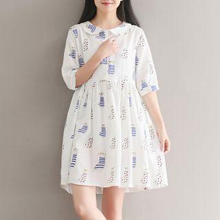 Elbow Sleeve Printed Buttoned Dress