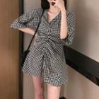 Elbow-sleeve Drawstring Plaid A-line Mini Dress