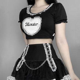 Short-sleeve Heart Print Lace Trim Cropped T-shirt