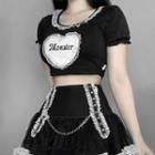 Short-sleeve Heart Print Lace Trim Cropped T-shirt