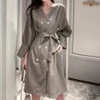 Long-sleeve V-neck Double-breasted Blazer Dress