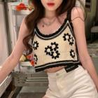 Spaghetti Strap Embroidered Knit Top Black Floral - Beige - One Size