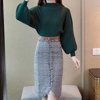 Set: Puff-sleeve Ribbed Sweater + Tasseled Plaid Pencil Skirt