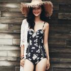 Set: Crochet Beach Cover-up + Floral Swimsuit