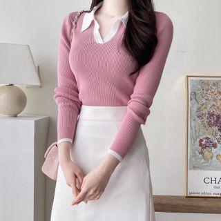 Contrast-collar Open-placket Knit Top
