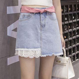 Eyelet Lace Hem A-line Denim Skirt