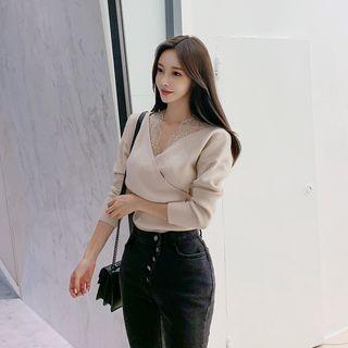 V-neck Lace Trim Knit Top