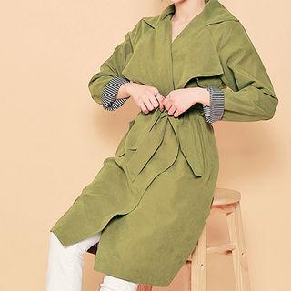 Open-front Striped-trim Jacket With Sash