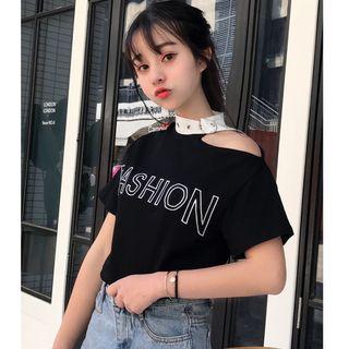 Embroidered Letter Open Shoulder Short-sleeve T-shirt