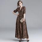 Elbow-sleeve Leopard Print A-line Maxi Dress