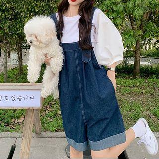 Puff-sleeve Blouse / Denim Jumper Shorts