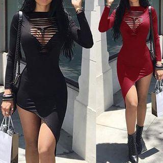 Asymmetric Long-sleeve Mesh Panel Sheath Dress