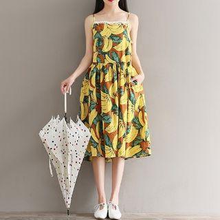Banana Print Spaghetti-strap Midi Dress
