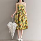 Banana Print Spaghetti-strap Midi Dress