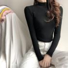 Long-sleeve Mock-neck Plain Ribbed Knit Top