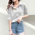 Open Placket Striped Elbow-sleeve Blouse