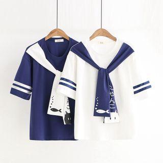 Mock Two-piece Elbow-sleeve Scarfed T-shirt